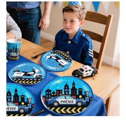189pcs Police Birthday Decorations Tableware Set, for 25 Guests Glitter banner, Disposable 350g thick paper plates, HD printed cake decor, Waterproof