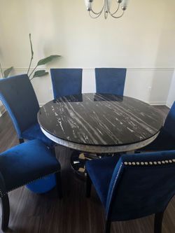 Round Marble Dining Table with 6 Blue Velvet Chairs