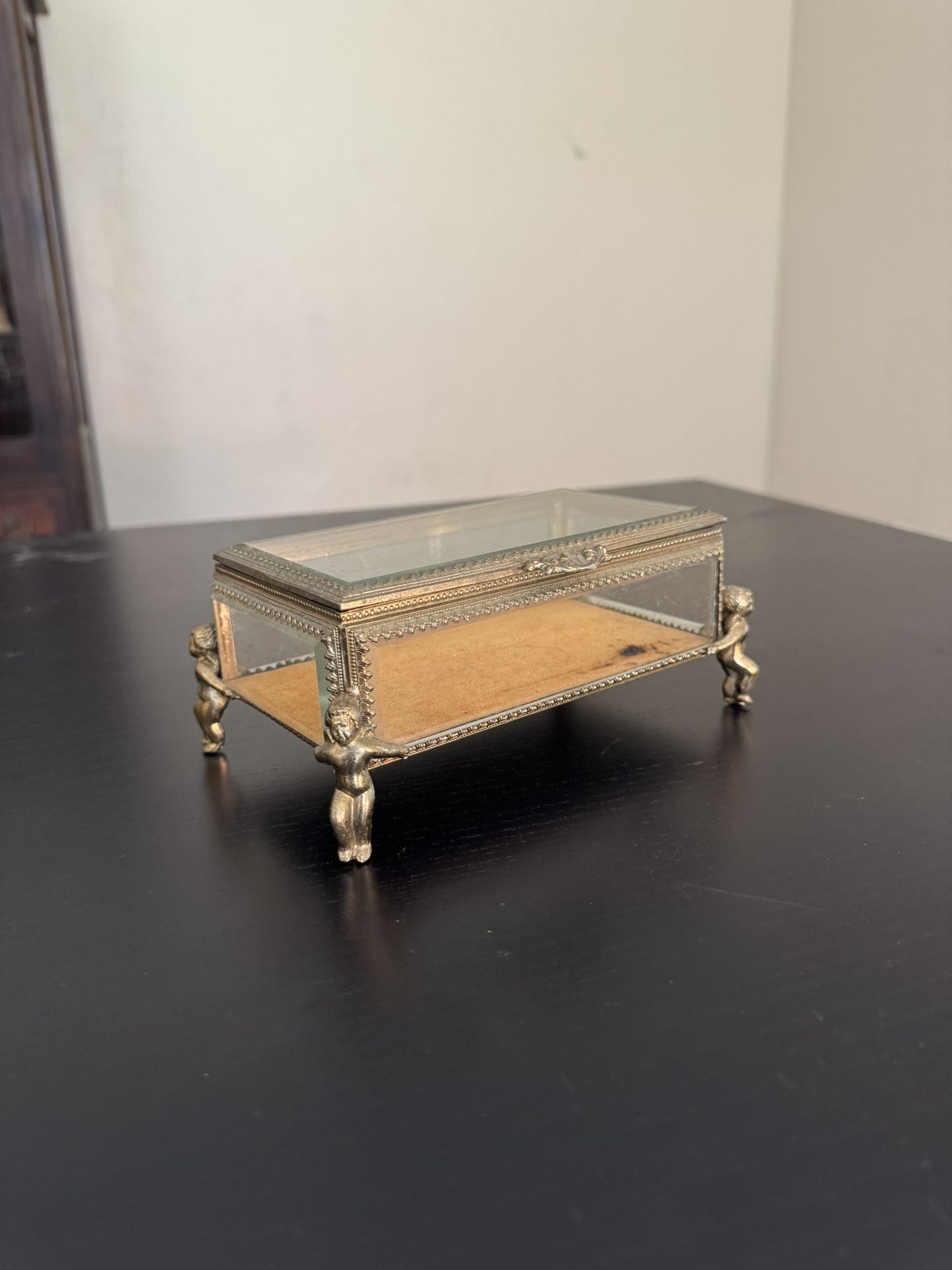 Vintage Ormolu Beveled Glass Jewelry Casket Trinket Box w/ Cherub Feet & Velvet Liner