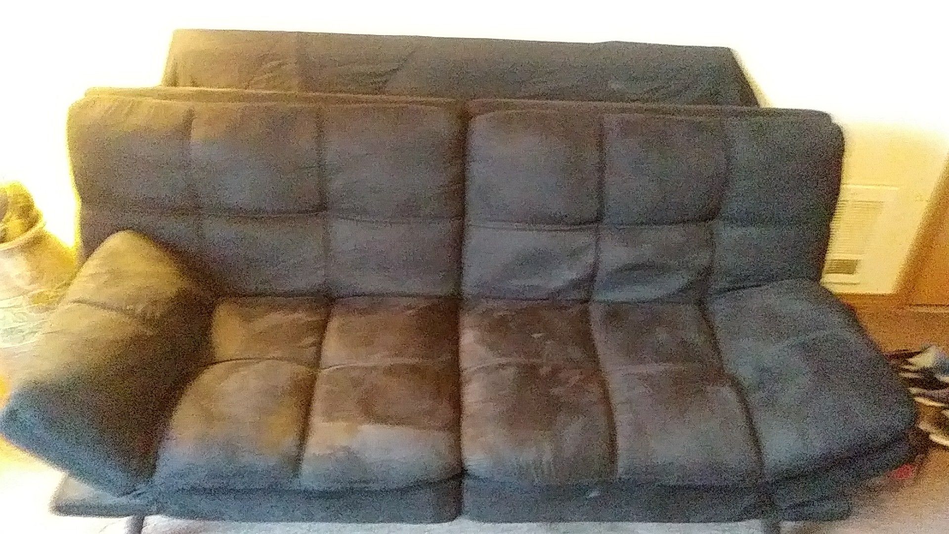 Fold up and down futon couch and 3 shekve glass tv stand for Sale in