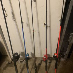 5 Fishing Poles Rods Reels