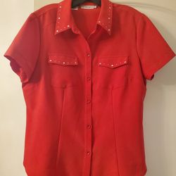 Womens Red Bling Professional Button Down Collared Shirt Naomi Stretch Size Large Pockets Rare 