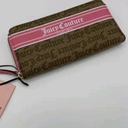 Juicy Couture Chestnut Chino Gothic Logo Pink Stripe Wristlet Wallet Clutch