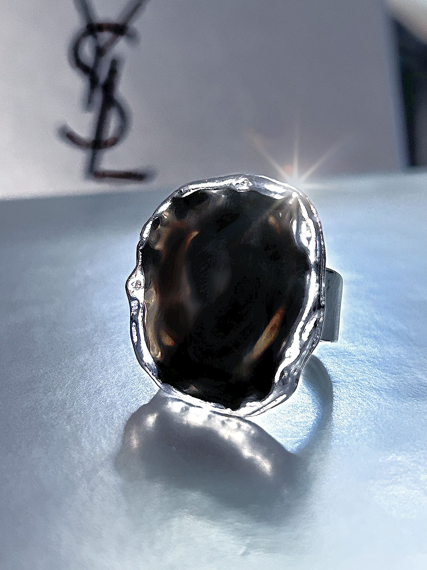Large Chunky Black Obsidian Stone Ring. Size 8