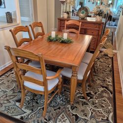 Light Wood Dining Set – w/ leaf + 6 Upholstered Chairs + Buffet – Excellent Condition