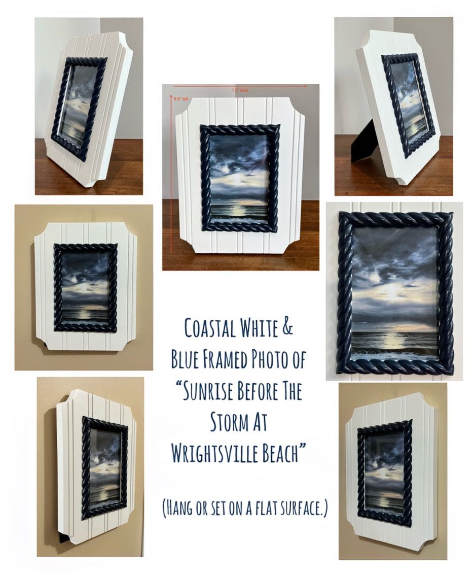 Coastal White & Blue Framed Photo of “Sunrise Before The Storm At Wrightsville Beach”