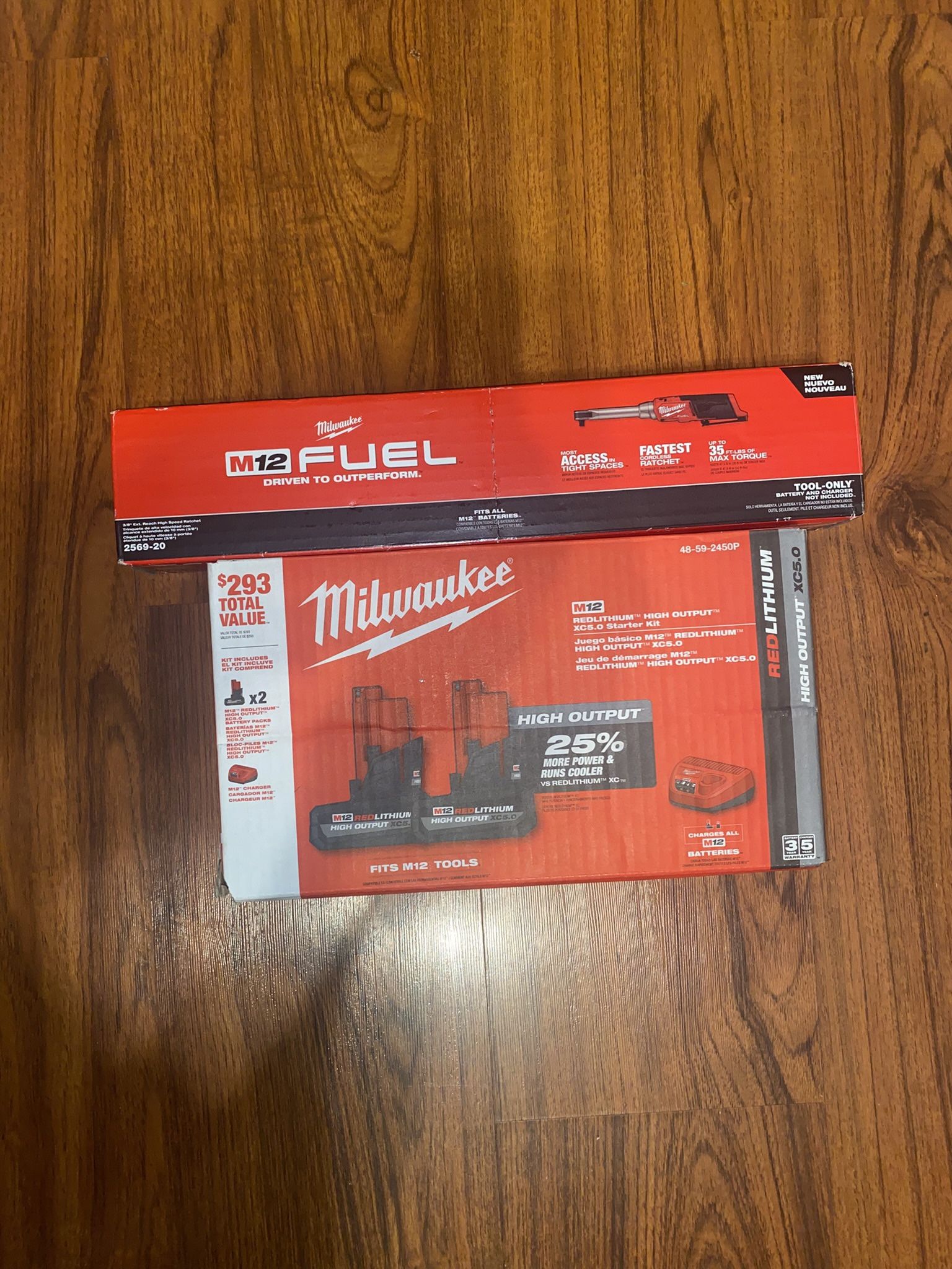 Milwaukee M12 3/8 Ext Reach High Speed  Ratchet (2569)(2)  M12 5.0 XC High Output Battery (48-59-2450) (1) M12 Charger