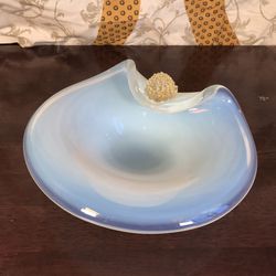 MCM Murano Attributed Opaline Glass Heavy Dish Bowl Broken Gold Flower