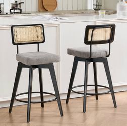 Wooden Counter Height Stools Set of 2, 26'' Swivel Bar Stools with Natural Rattan Back, Mid Century Modern Ergonomic Barstools, Upholstered Kitchen Co