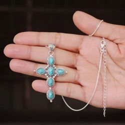 TURQUOISE STAINLESS STEEL CROSS  WITH CHAIN