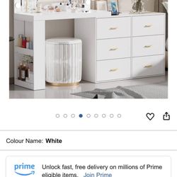 Makeup Vanity Desk with Mirror, 3-Color Lights, Charging Station, 6 Drawers, and Side Storage Shelve