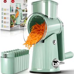 Rotary Cheese Grater with Handle - Vegetable Shredder with 5 Blades & Strong Suction Base, Round Slicer & Food Chopper for Kitchen (Green)