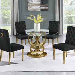 ART DECO VIBE BLACK VELVET RING PULL CHAIRS ROUND 5 PIECE DINING TABLE SET GOLD FINISH BASE