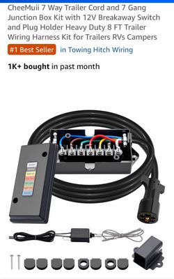 7 Way Trailer Cord and 7 Gang Junction Box Kit with 12V Breakaway Switch and Plug Holder Heavy Duty 8 FT Trailer Wiring Harness Kit for Trailers RVs C