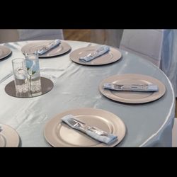Baby Blue Round Table Covers, Chair Covers, Chair Sashes, and Napkins