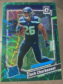2023 Donruss Optic Zach Charbonnet Green Velocity Prizm Rated Rookie #294 Card. Beautiful card ready for grading 