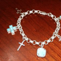 Silver & Turquoise Cross Charm Bracelet
