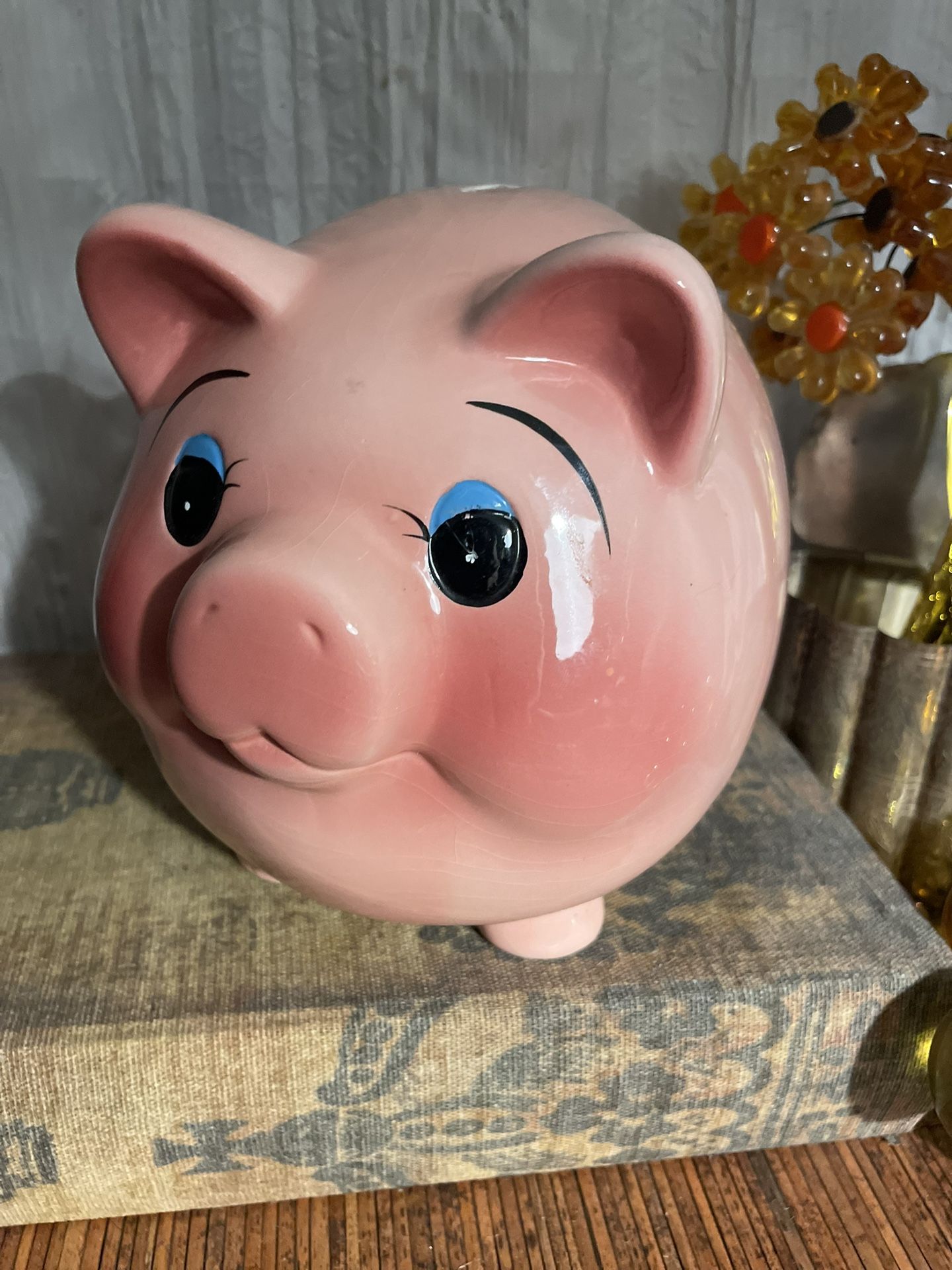 VTG XL Big Eyed "Pink Piggy" Bank - Ceramic - Piggy Coin Bank
