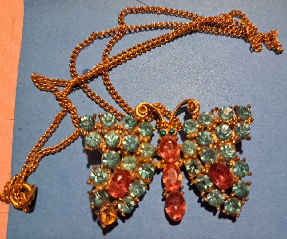 Antique Blue And Pink Iridescent Stones, Butterfly "Pin Necklace " On Gold Plated 16 Inch Chain