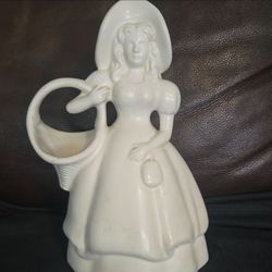 White Ceramic Girl Figurine Holding Basket Glossy Art Pottery China WC COMPANY