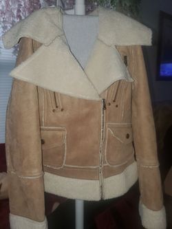 Industrial Cotton Tan Faux Suede Shearling Moto Jacket - Size Small