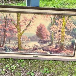 Large Framed Vintage Painting (litho)-Golden Autumn