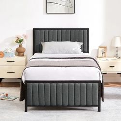 Twin Size Metal Platform Bed Frame, Modern Upholstered Tufted Headboard and Footboard