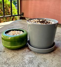 (2) Ceramic Plant Pots — Glazed Green & Grey