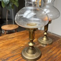 VTG brass Votive Candle Holders w/Crystal glass Wheat Etched domes India (2 pcs)