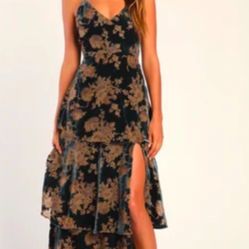 Blue Floral Velvet Dress