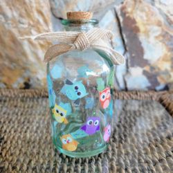 Clear Glass Jar Bottle with Colorful Owl Design With Cork Stopper