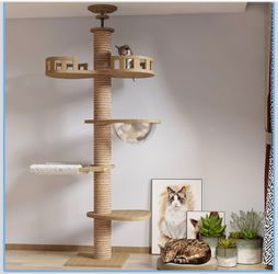 Cat Tower Floor to Ceiling Cat Tree Height(100-104 Inches) Adjustable, Tall Cat Tree with Cat Condo, Cat Hammock and Scratching Post, Cat Climbing Tre