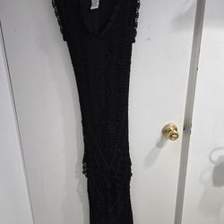 Black Crochet Beaded Long Figure Forming Dress