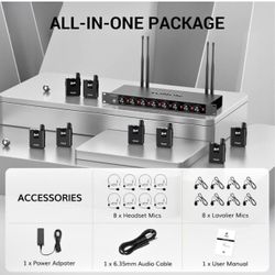 TONOR Wireless Microphones System with 8x12 Channels Headset/Lavalier Lapel Mics, Bodypack Transmitt