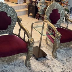 2 LION PANTHER HEAD THRONE ARMCHAIRS $1,000 For The PAIR. Ornate Carved Silver Heads.  OR, SOFA ALONE $1,000. OR, All 3 Now $1,500!