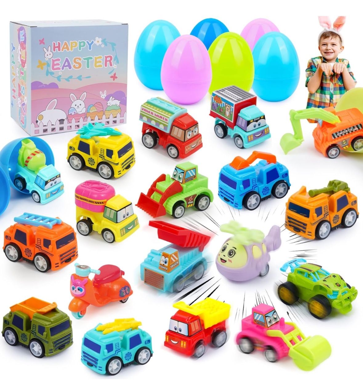 18PCS Prefilled Easter Eggs with Toy Cars, Easter Eggs with Toys Inside,Kids Easter Basket Stuffers