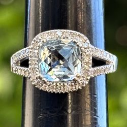 10K Gold Cushion Cut Aquamarine And Diamond Engagement Ring Size 4 