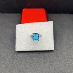 Square Blue Cz Silver Ring - Size 8