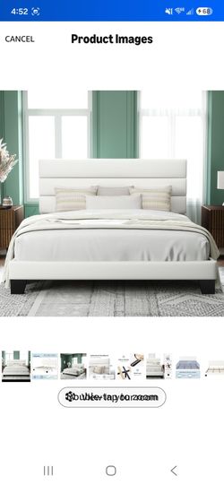 White Upholstered Queen Platform Bed Frame