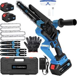 Cordless Mini Chainsaw, 8 inch & 6 inch Portable Handheld Chain Saw with 2 X 4.0Ah Battery, 4 Chains 4 Guide Plates, LED Indicate, Brushless Electric 