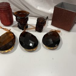 Lot of vintage brown glass w/ 2 sparkly containers red & brown, 3 tear drop wall decor ornaments, Avon perfume bottle & more 