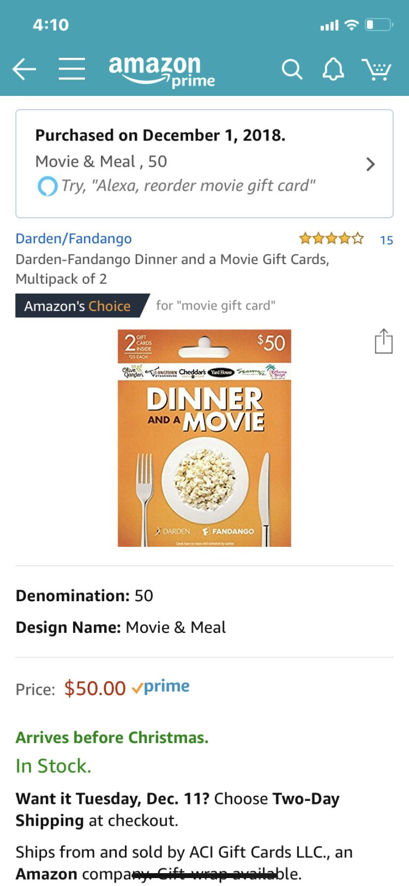 3-$50 dinner and a movie gift cards for $5 off per card. Will sell separately or together.