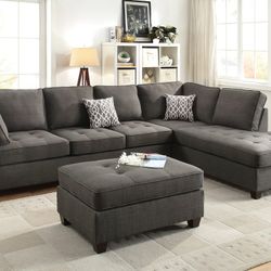 Brand New 118" x 86" Ash Black Or Dark Blue Linen Reversible Sectional + Ottoman
