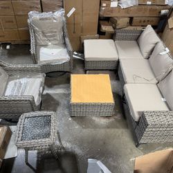 Vanessa 8-Piece Wicker Patio Conversation Seating Sofa Set with Beige Cushions and Swivel Rocking Chairs