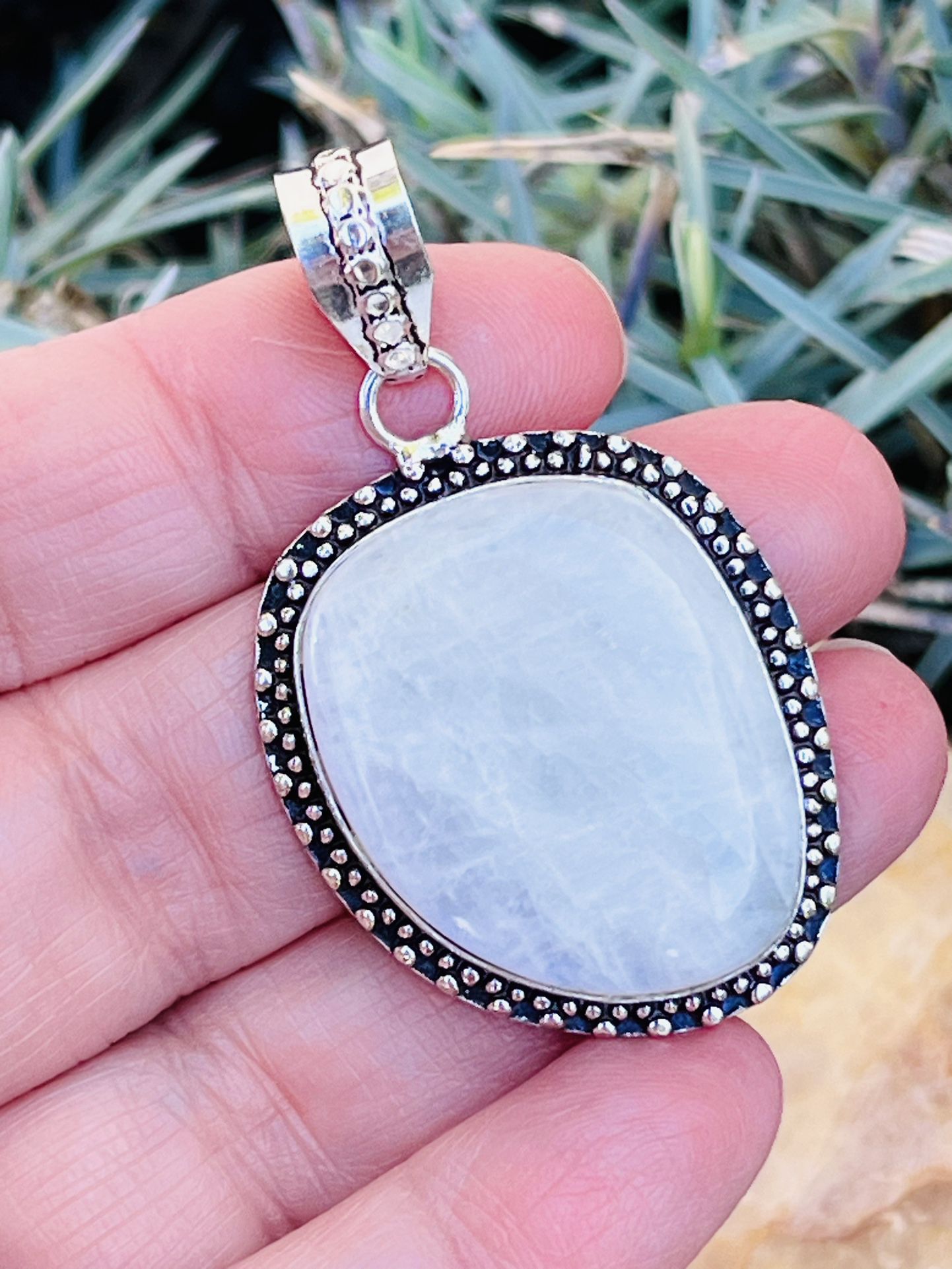 Natural Rainbow Moonstone Sterling Silver 2” Necklace Pendant