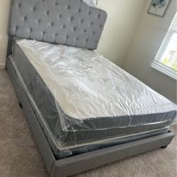😍 Brand New Upholstered Grey Fabric Queen & King Size Tufted Bed With Mattress + Box Spring | Pay After Delivery 🚚 