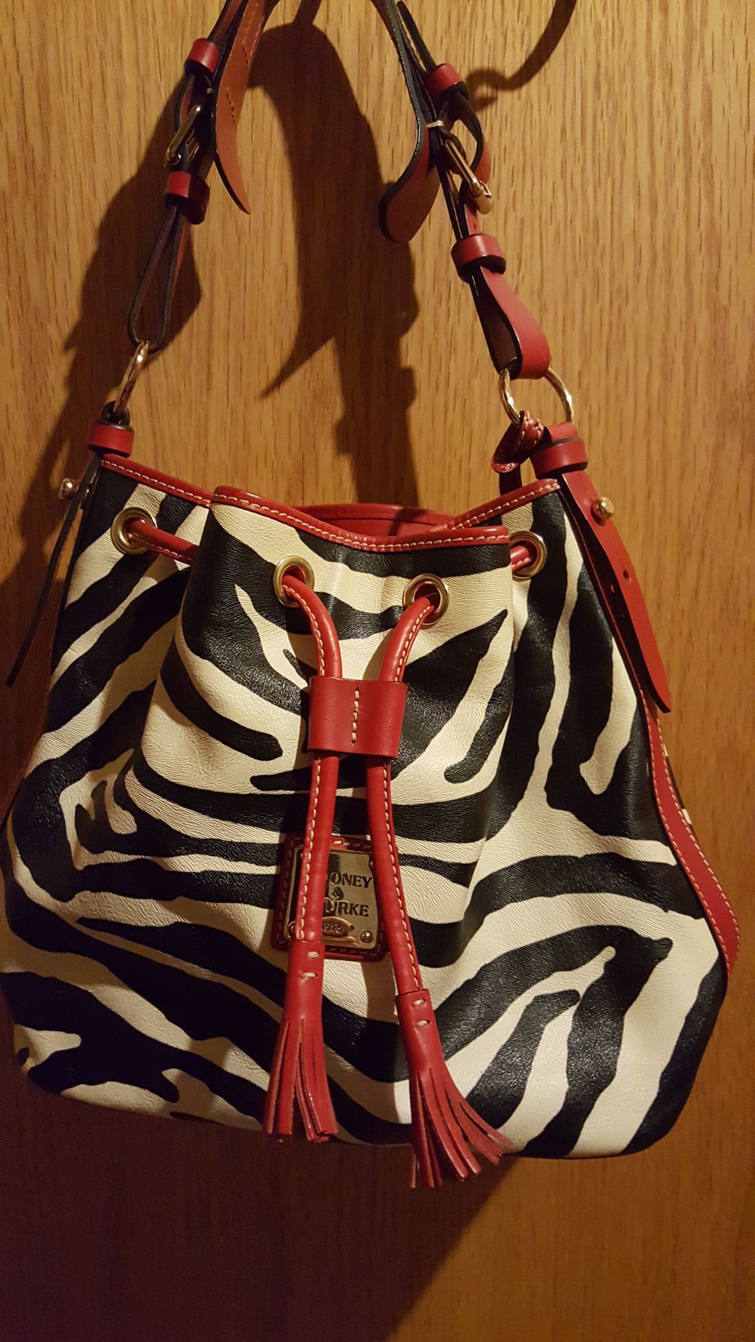 Dooney&Burke Drawstring Serengeti Zebra Leather Bucket Bag Purse AND Matching New Wallet