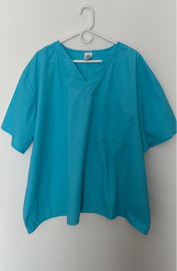 Unisex Blue Solid V-Neck Short Sleeve Scrub Top Size 3X Woven Polyester