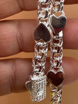 Silver Double Link Charm Bracelet with Hearts 8” inc including pen lock