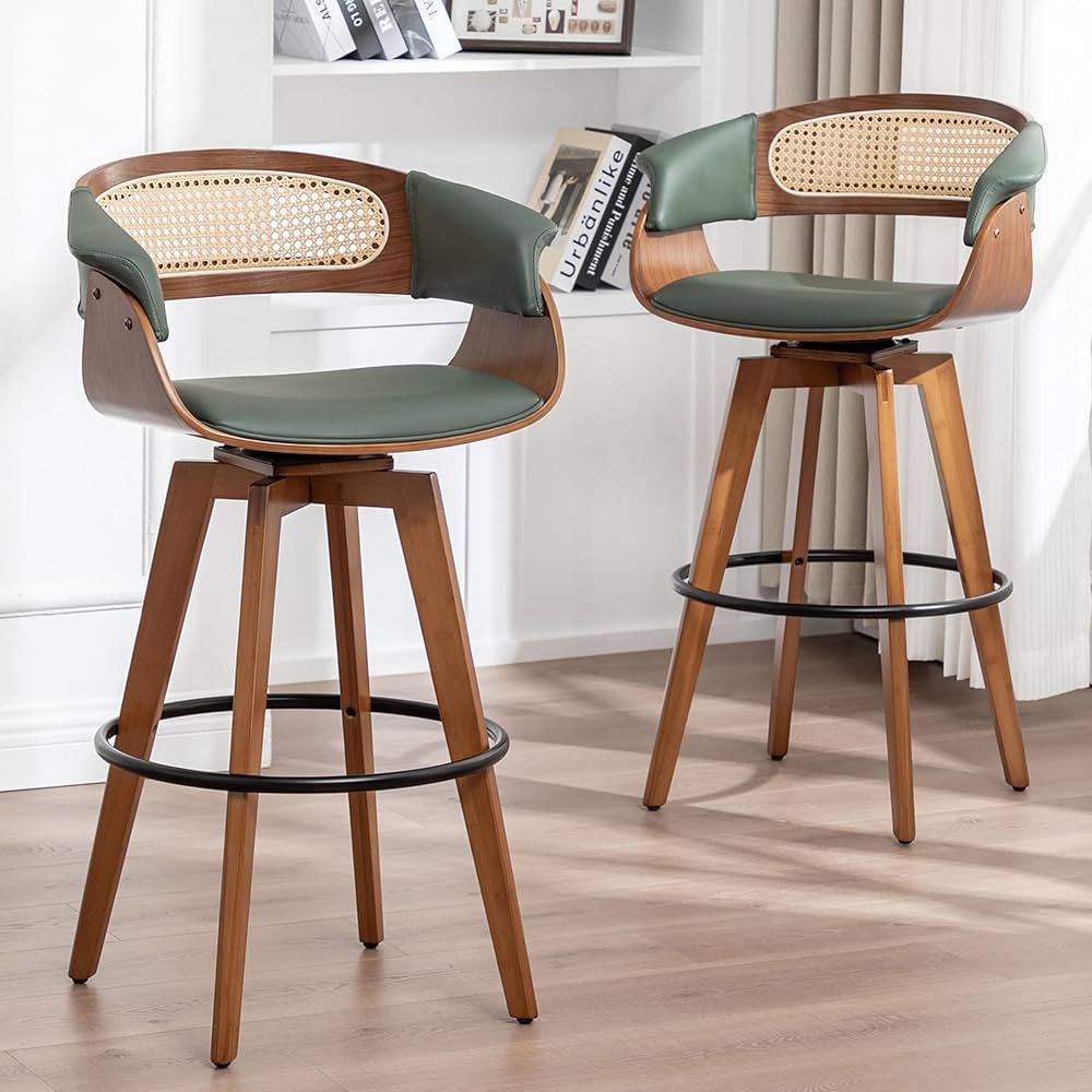 Set of 2 - 26.4 inch Counter Height BarStools with Rattan Back, Walnut Craftsmanship, Faux Leather Upholstered Seat, Kitchen Island Stools for Kitchen